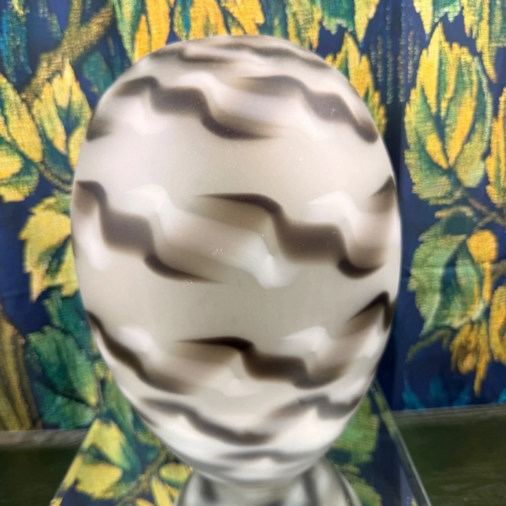Frosted Art Glass Egg Vase Smoky Grey Wavy Pattern Large Sculptural Vessel 11.5